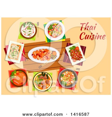 Clipart of a Table with Thai Cuisine and Text - Royalty Free Vector Illustration by Vector Tradition SM