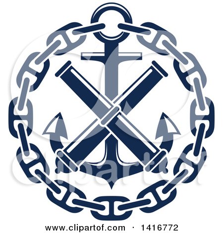 Clipart of a Navy Blue Nautical Crossed Telescope or Cannon, Chain and Anchor - Royalty Free Vector Illustration by Vector Tradition SM