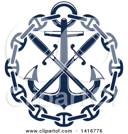 Clipart of a Navy Blue Nautical Anchor, Sword and Chain - Royalty Free Vector Illustration by Vector Tradition SM