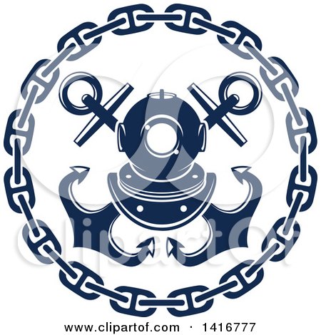 Clipart of a Navy Blue Crossed Nautical Anchors, Chain and Diving Helmet Design - Royalty Free Vector Illustration by Vector Tradition SM