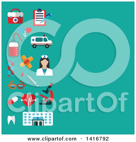Clipart of a Background with Medical Icons on Turquoise - Royalty Free Vector Illustration by Vector Tradition SM