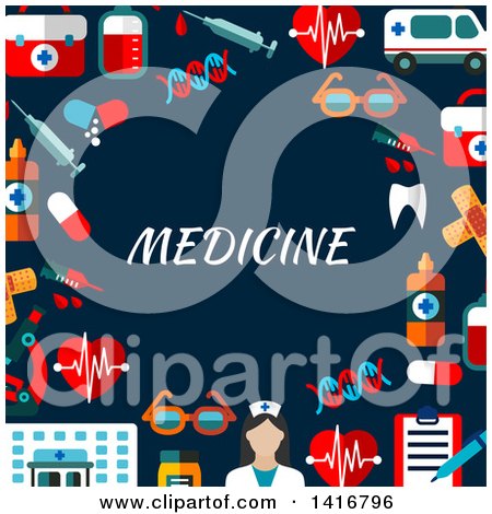 Clipart of a Background of Medical Icons and Text on Blue - Royalty Free Vector Illustration by Vector Tradition SM