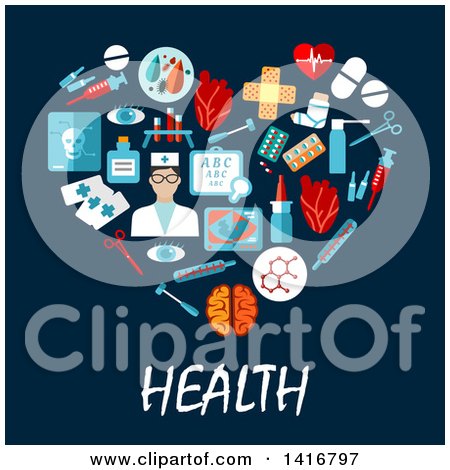 Clipart of a Heart Formed of Medical Icons with Health Text on Blue - Royalty Free Vector Illustration by Vector Tradition SM