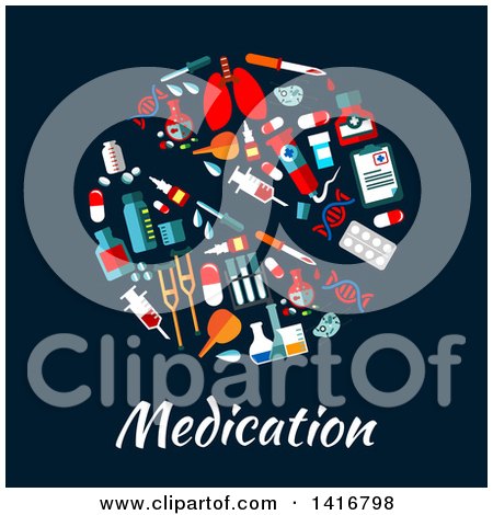 Clipart of a Round Pill Made of Medical Icons with Text on Blue - Royalty Free Vector Illustration by Vector Tradition SM