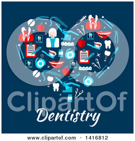Clipart of a Heart Made of Dental Icons, with Text on Blue - Royalty Free Vector Illustration by Vector Tradition SM