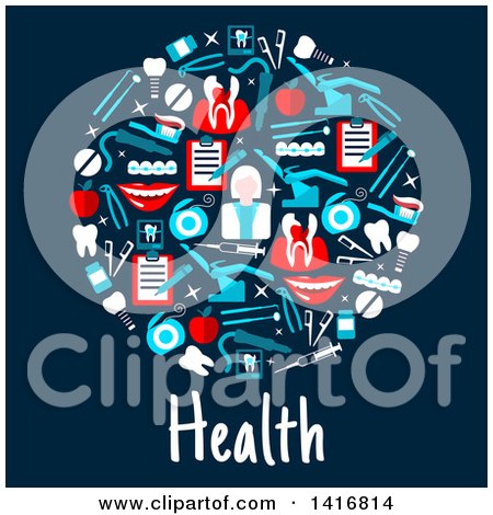 Clipart of a Circle Made of Dental Icons, with Text on Blue - Royalty Free Vector Illustration by Vector Tradition SM