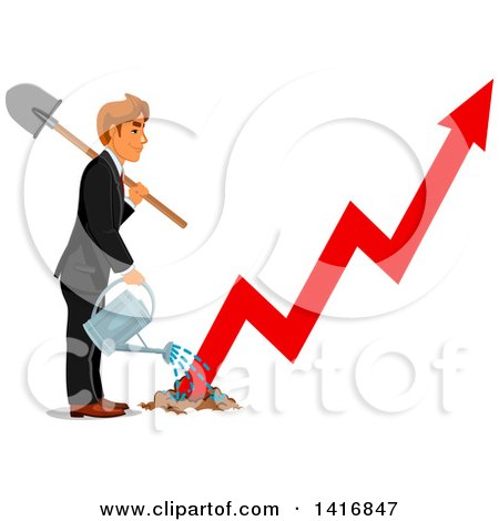 Clipart of a White Business Man Watering a Growth Arrow - Royalty Free Vector Illustration by Vector Tradition SM