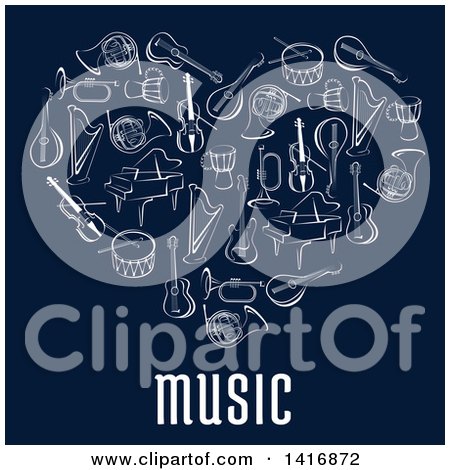 Clipart of a Heart Made of Sketched Musical Instruments and Text on Blue - Royalty Free Vector Illustration by Vector Tradition SM