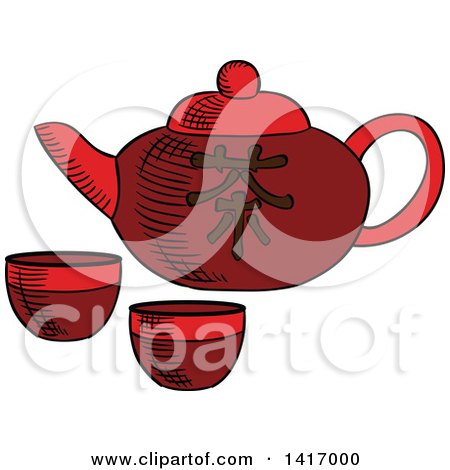 Clipart of a Sketched Asian Tea Pot and Cups - Royalty Free Vector Illustration by Vector Tradition SM