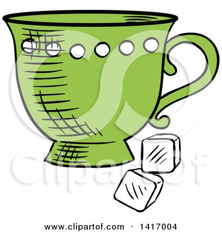 Clipart of a Sketched Tea Cup and Sugar Cubes - Royalty Free Vector Illustration by Vector Tradition SM