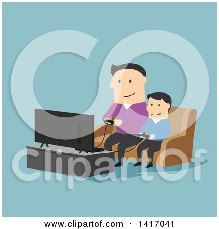 Clipart of a Flat Design Style Father and Son Playing Video Games - Royalty Free Vector Illustration by Vector Tradition SM