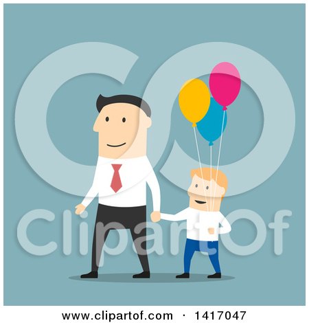 Clipart of a Flat Design Style Father and Son Walking with Balloons - Royalty Free Vector Illustration by Vector Tradition SM