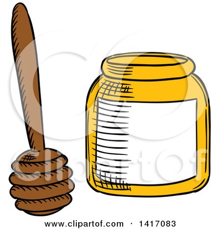 Clipart of a Sketched Honey Jar and Dipper - Royalty Free Vector Illustration by Vector Tradition SM