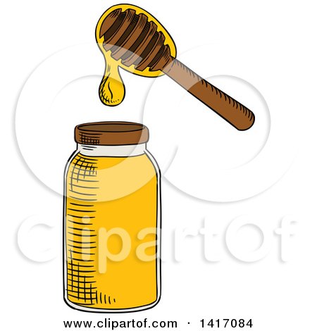 Clipart of a Sketched Honey Jar and Dipper - Royalty Free Vector Illustration by Vector Tradition SM