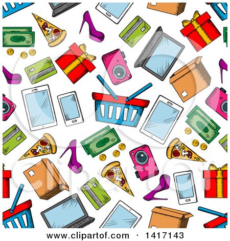 Clipart of a Seamless Background Pattern of Shopping Items - Royalty Free Vector Illustration by Vector Tradition SM