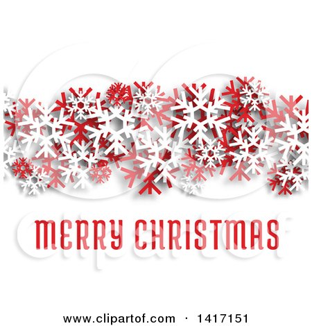 Clipart of a Merry Christmas Greeting with Red and White Snowflakes and Shading on White - Royalty Free Vector Illustration by Vector Tradition SM