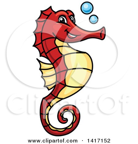 Clipart of a Cartoon Red and Yellow Seahorse with Bubbles - Royalty Free Vector Illustration by Vector Tradition SM