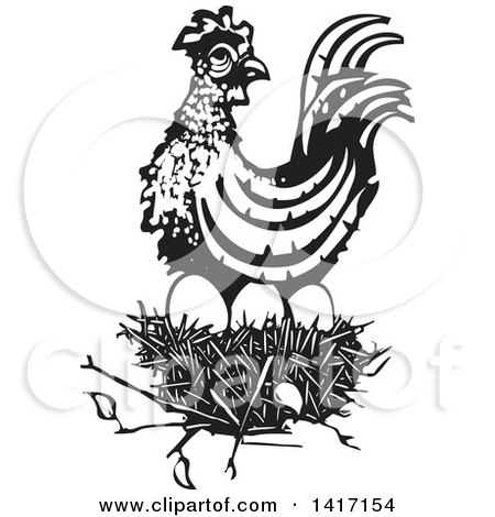 Clipart of a Black and White Woodcut Hen on Top of a Nest - Royalty Free Vector Illustration by xunantunich