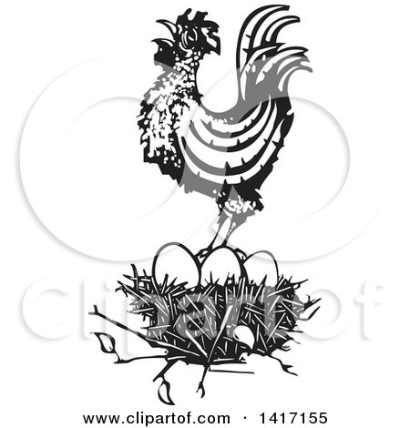 Clipart of a Black and White Woodcut Rooster Crowing on Top of a Nest - Royalty Free Vector Illustration by xunantunich