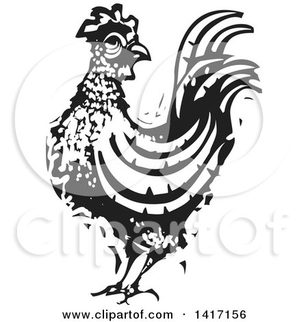 Clipart of a Black and White Woodcut Rooster - Royalty Free Vector Illustration by xunantunich