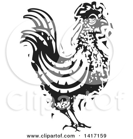 Clipart of a Black and White Woodcut Rooster - Royalty Free Vector Illustration by xunantunich
