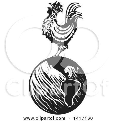 Clipart of a Black and White Woodcut Rooster Crowing on Top of Earth - Royalty Free Vector Illustration by xunantunich