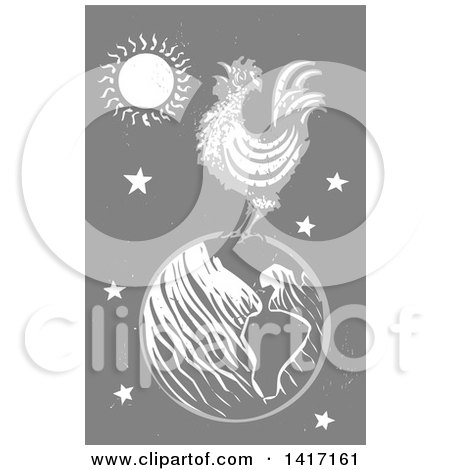 Clipart of a Woodcut Rooster Crowing on Top of Earth, on Gray - Royalty Free Vector Illustration by xunantunich
