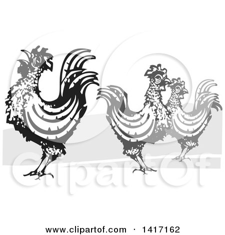 Clipart of a Woodcut Rooster Crowing by Hens - Royalty Free Vector Illustration by xunantunich