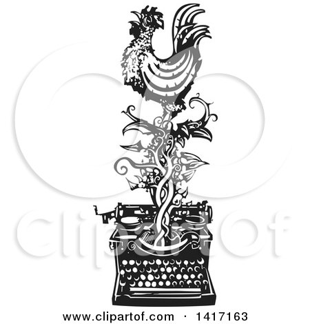 Clipart of a Black and White Woodcut Rooster Crowing on a Vine over a Typewriter - Royalty Free Vector Illustration by xunantunich