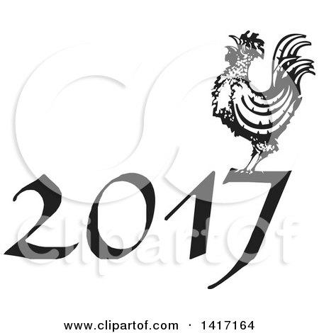Clipart of a Black and White Woodcut Rooster Crowing on 2017 - Royalty Free Vector Illustration by xunantunich
