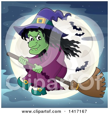 Clipart of a Halloween Witch Flying on a Broom Stick Against a Full Moon with Bats - Royalty Free Vector Illustration by visekart
