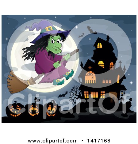 Clipart of a Halloween Witch Flying on a Broom Stick over Jackolanterns by a Haunted House - Royalty Free Vector Illustration by visekart