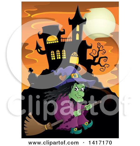 Clipart of a Halloween Witch Flying on a Broom Stick near a Haunted Castle - Royalty Free Vector Illustration by visekart