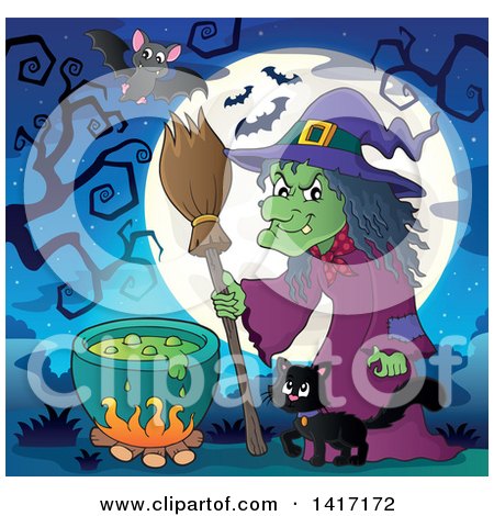 Clipart of a Halloween Witch and Her Cat near a Cauldron - Royalty Free Vector Illustration by visekart