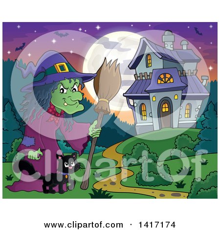 Clipart of a Halloween Witch and Her Cat near a Haunted House - Royalty Free Vector Illustration by visekart