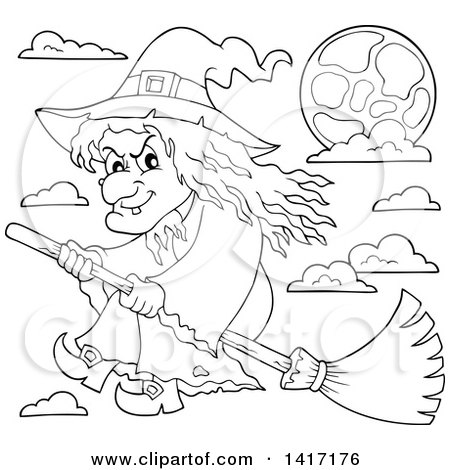 Clipart of a Black and White Lineart Halloween Witch Flying on a Broom Stick - Royalty Free Vector Illustration by visekart
