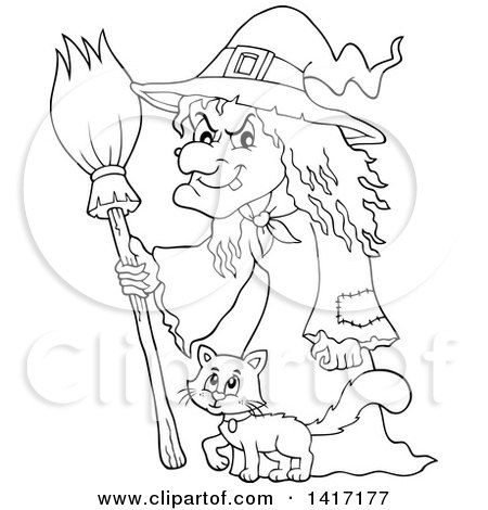Clipart of a Black and White Lineart Halloween Witch and Cat - Royalty Free Vector Illustration by visekart