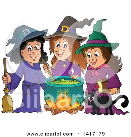 Clipart of a Group of Halloween Witches and a Cat Around a Cauldron - Royalty Free Vector Illustration by visekart