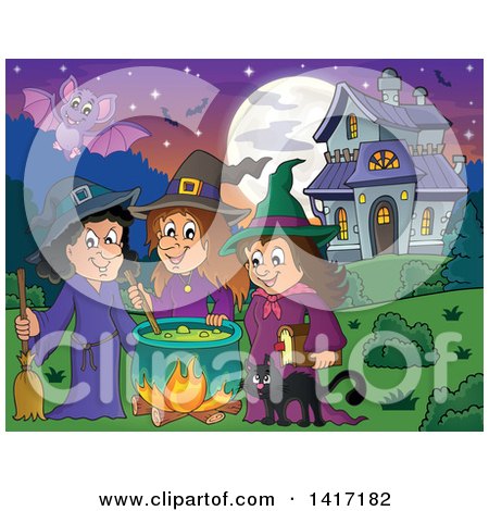 Clipart of a Group of Halloween Witches and a Cat Around a Cauldron near a Haunted House - Royalty Free Vector Illustration by visekart