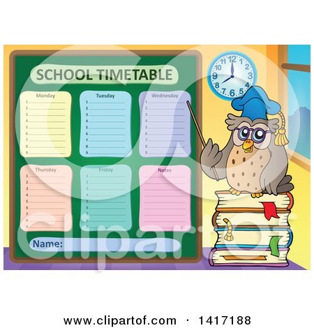 Clipart of a Professor Owl Teacher with a School Timetable - Royalty Free Vector Illustration by visekart