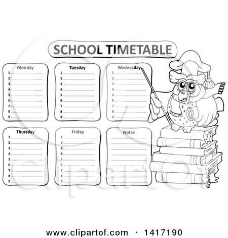 Clipart of a Black and White Professor Owl Teacher and School Timetable - Royalty Free Vector Illustration by visekart