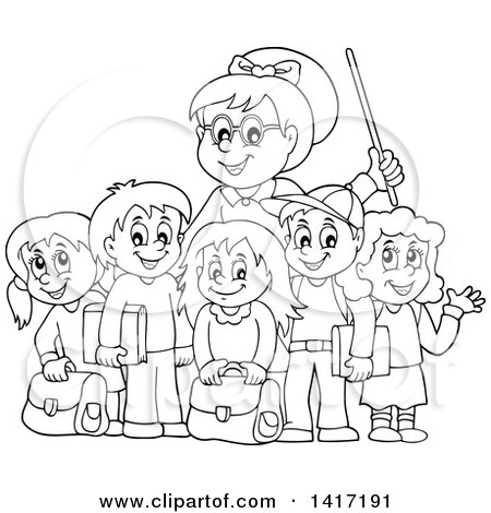 Clipart of a Black and White Lineart Female Teacher and Her Students - Royalty Free Vector Illustration by visekart
