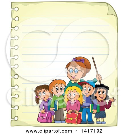 Clipart of a Female Teacher and Her Students on Ruled Paper - Royalty Free Vector Illustration by visekart