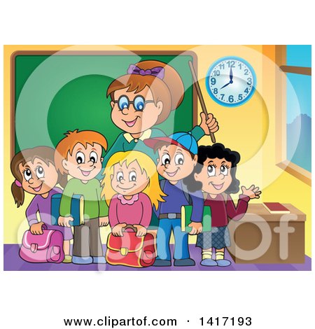 Clipart of a Female Teacher and Her Students in a Class Room - Royalty Free Vector Illustration by visekart