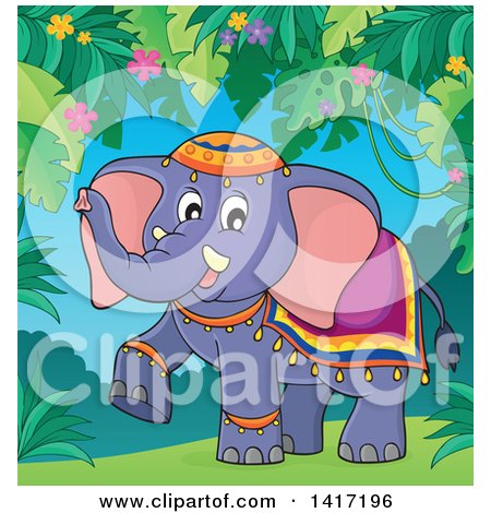 Clipart of a Cute Indian Elephant Walking in a Jungle - Royalty Free Vector Illustration by visekart