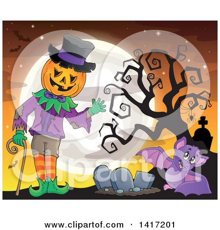 Clipart of a Halloween Pumpkin Headed Jack Man and Bat in a Cemetery - Royalty Free Vector Illustration by visekart