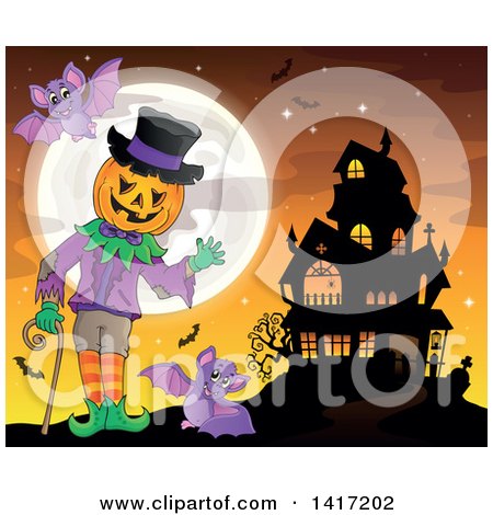Clipart of a Halloween Pumpkin Headed Jack Man Waving near a Haunted House - Royalty Free Vector Illustration by visekart