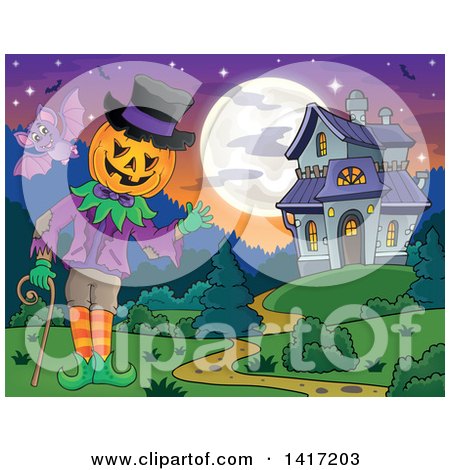 Clipart of a Halloween Pumpkin Headed Jack Man Waving near a Haunted House - Royalty Free Vector Illustration by visekart