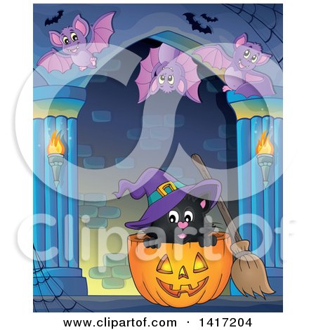 Clipart of a Witch Cat in a Halloween Pumpkin and Bats in a Hallway - Royalty Free Vector Illustration by visekart