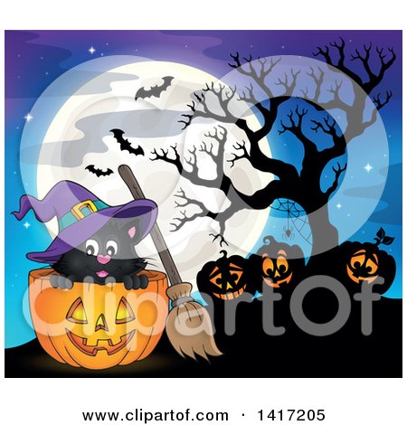 Clipart of a Halloween Witch Cat with Jackolanterns and Bats Against a Full Moon - Royalty Free Vector Illustration by visekart
